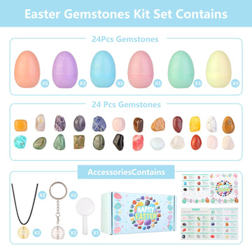 24 Pack Filled Easter Eggs Fillers Set - Easter Basket Fillers for Teens, Not Prefilled Easter Eggs with Natural Crystals & Rock