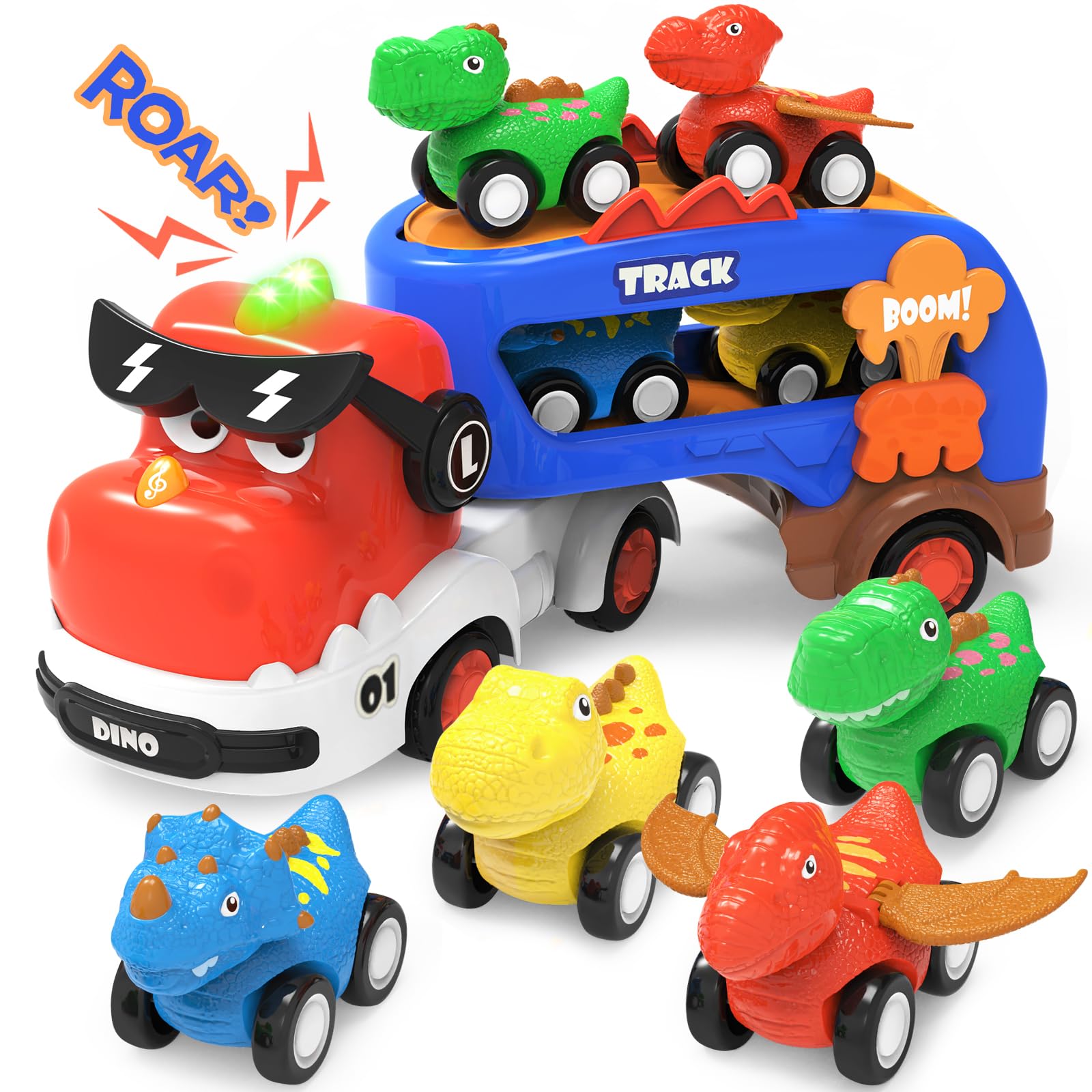 seveclotree Dinosaur Toys for Kids 2 3 4 5 6,5 in 1 Dinosaur Truck with 4 Dino Car,Light & Sound,Toys for 2-7 Year Old Boys Todd