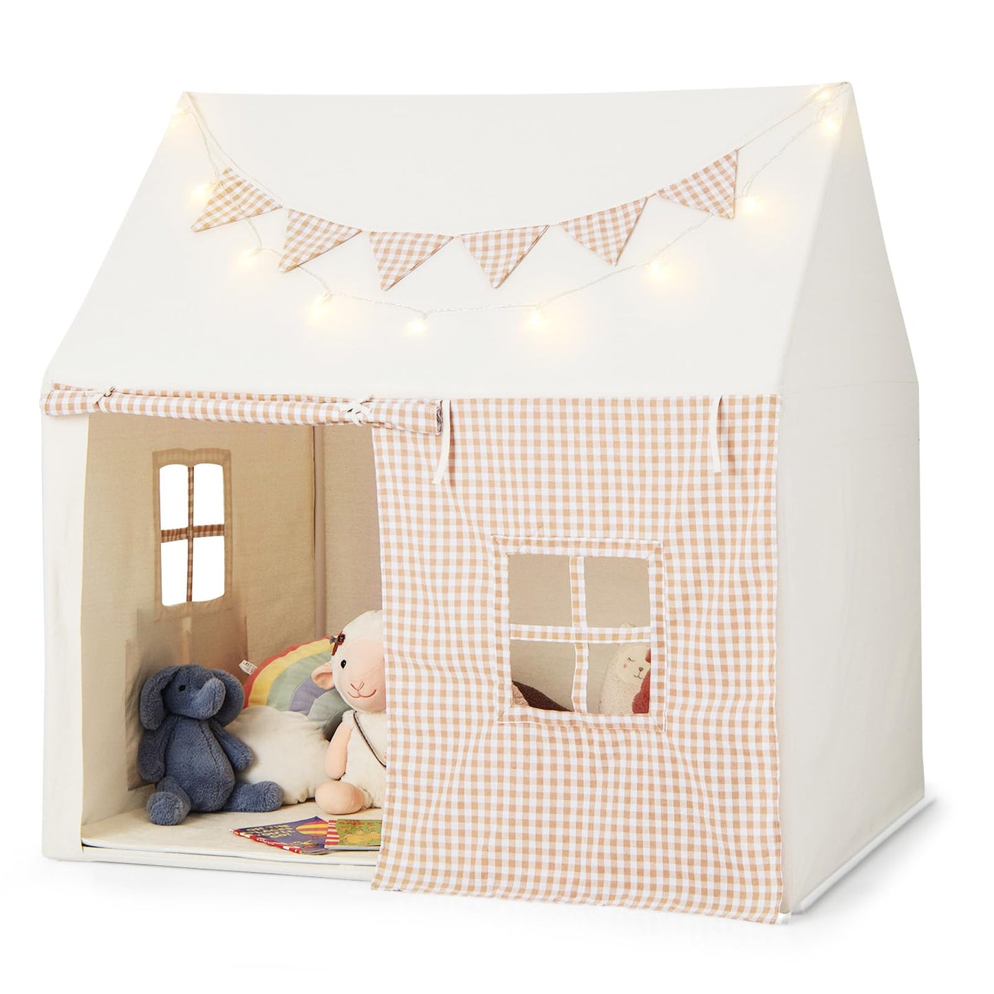 Costzon Kids Tent, Large Playhouse For Indoor Outdoor Play W/Padded Mat, 2 Breathable Windows & 2 Storage Pockets, Star Lights & Flag Banner Included, Toddler Tent For Boys Girls Aged 3-8 Years Old