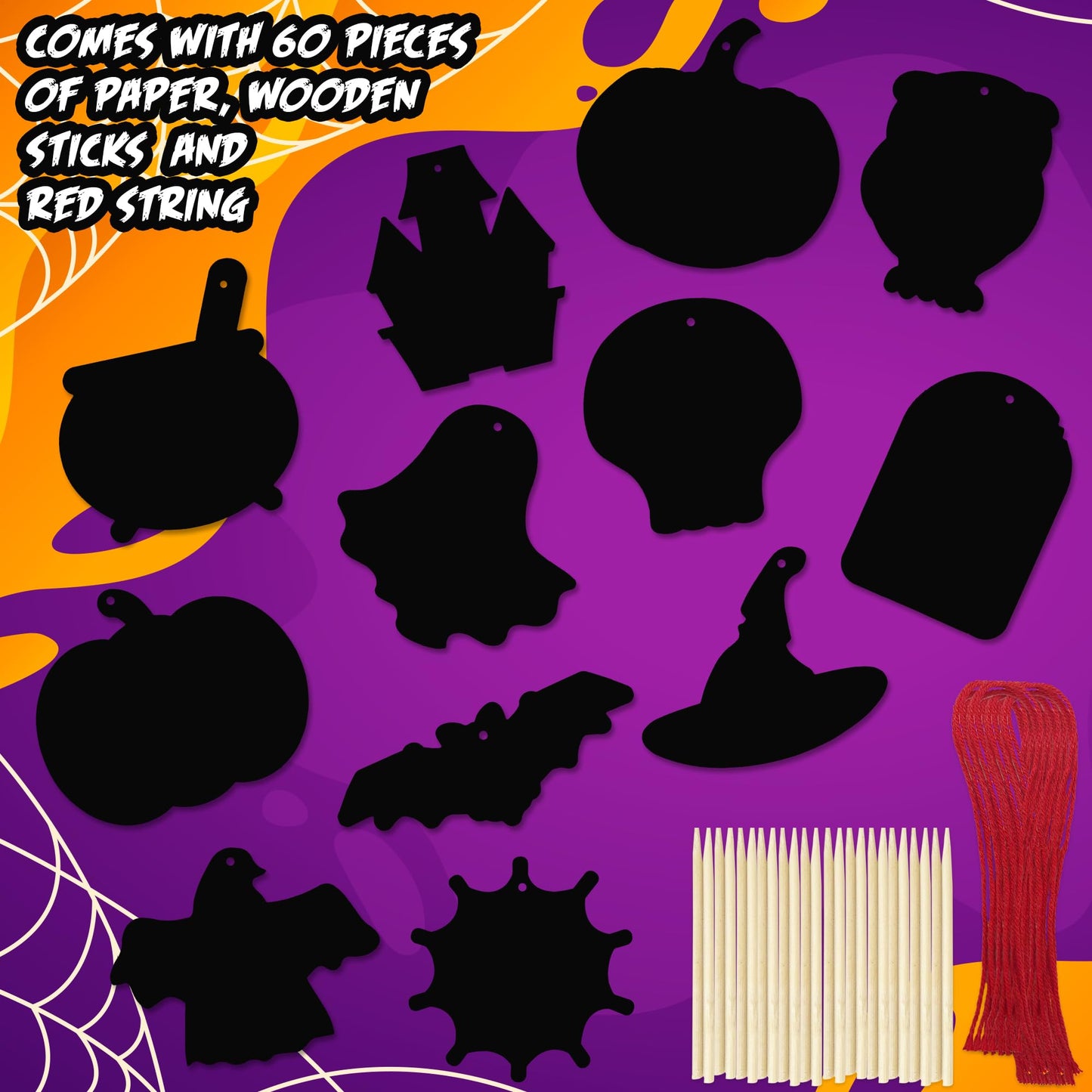 ArtCreativity Halloween Crafts (Bulk) - Scratch Art for Kids, 60 Sets with 60 Designs, 60 Sticks & Red Strings - Magic Colorful