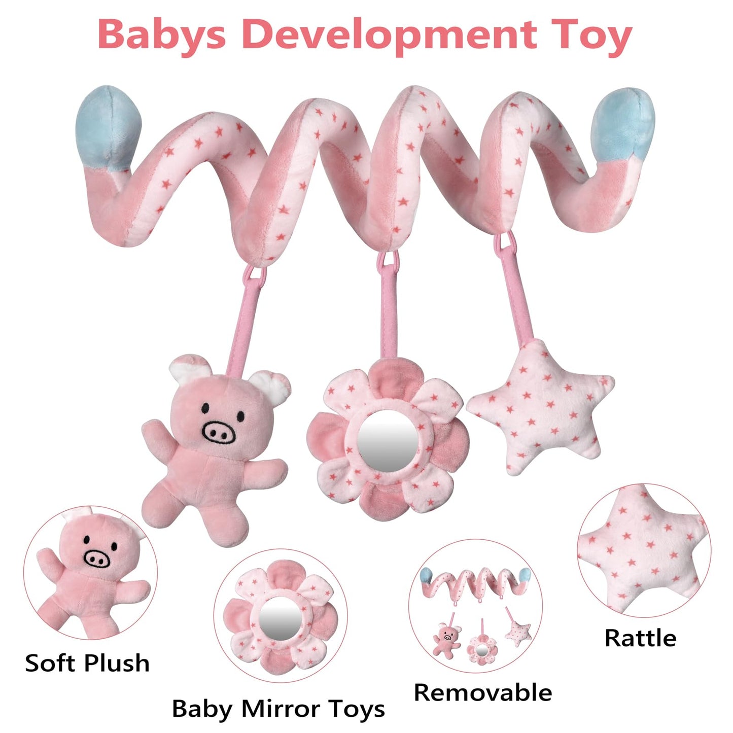 Car Seat Toys, Infant Baby Pink Pig Spiral Activity Hanging Toys Stroller Toys For Car Seat Stroller Bar Crib Bassinet Mobile With Mirror Bb Squeaker And Rattles