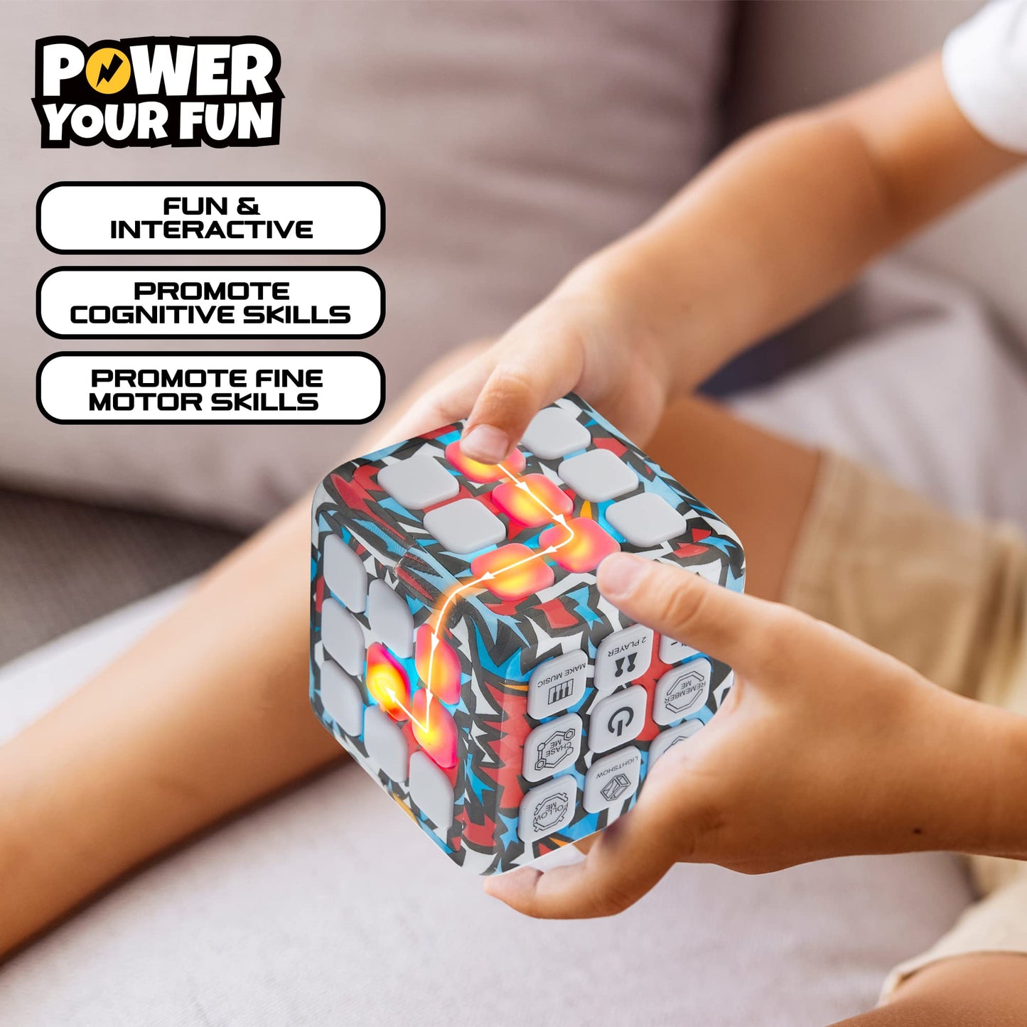Power Your Fun Cubik Led Flashing Cube Memory Game - Electronic Handheld Game, 5 Brain Memory Games For Kids Stem Sensory Toys Brain Game Puzzle Fidget Light Up Cube Stress Relief Fidget Toy (Action)
