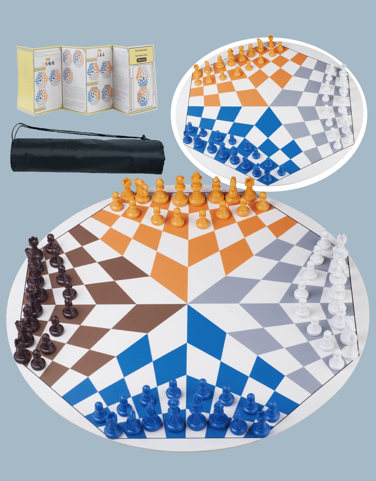 Three Or Four Players Chess Set:A Leather Game Mat + 4 Packs Of Pieces (64 Pieces) + 1 Game Manual + A Drawstring Storage Bag. A Strategy Chess Game For 2-4 Players