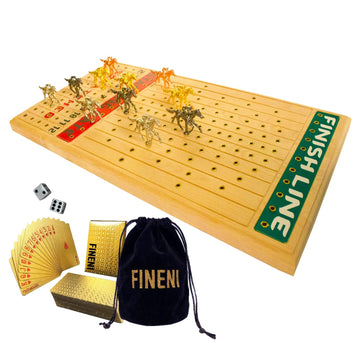 Fineni Horse Racing Game For Adults, Horse Race Board Game With 11 Luxurious Metal Horses (Gold, Silver, Black, Rose Gold), 22” Beech Wood Horse Race Game Board, Dice & Gold Card Included (Beech)