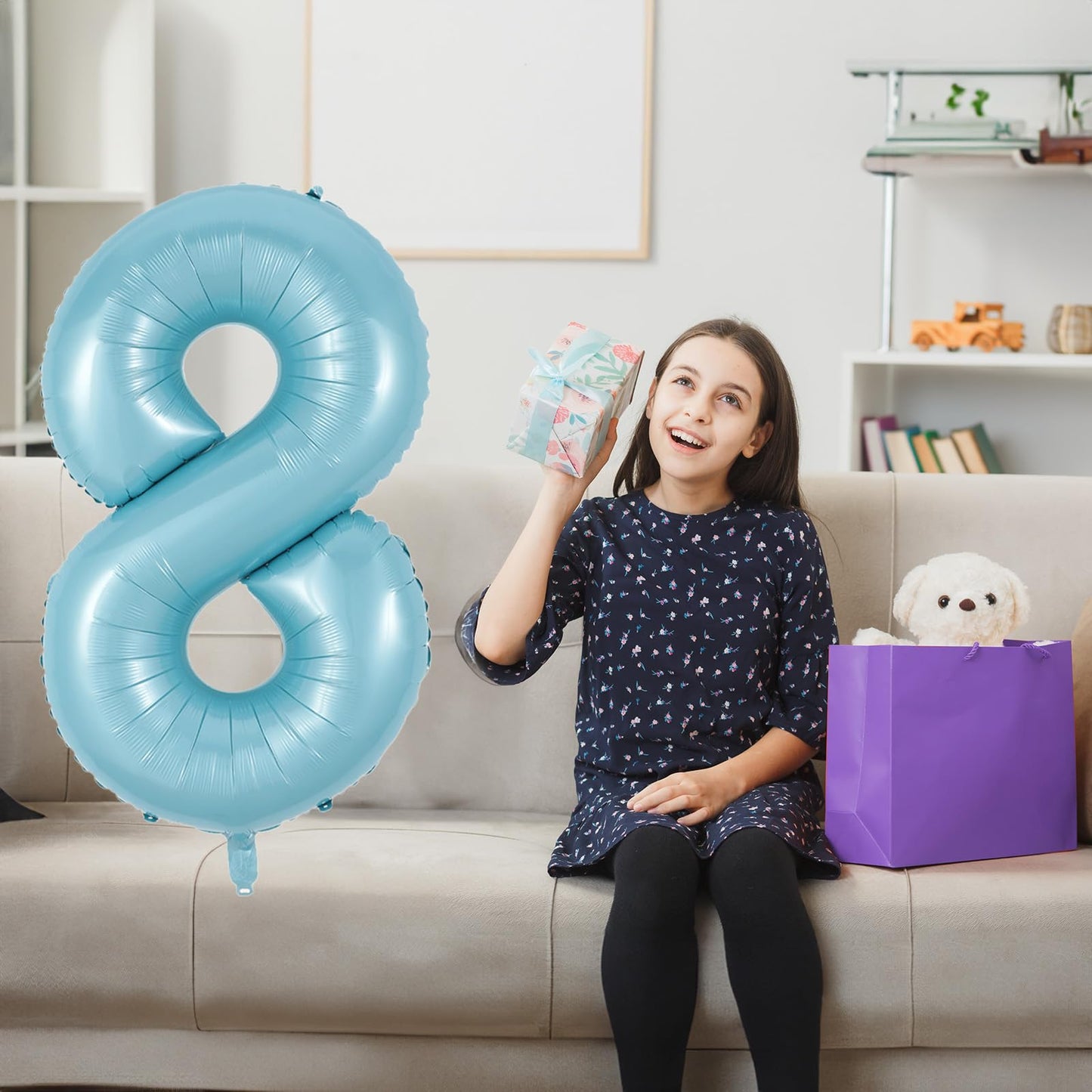 8Th Birthday Number Balloons For Kids, 40 Inch Foil Number 8 Balloons Baby Pastel Blue, Helium Large Self Inflating Mylar 8 Ball