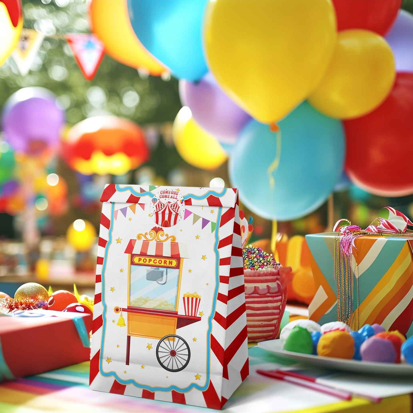 Hapibidesign Circus Party Favor Bags - 24 Pcs Carnival Party Candy Bags With Stickers - Carnival Goodie Gift Treat Bags - Waterc