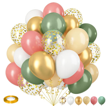 Retro Green Pink Balloons, 35Pcs Sage Green Dusty Pink Metallic Gold Latex Balloons Set, Olive Green Pink White Gold Confetti Ba