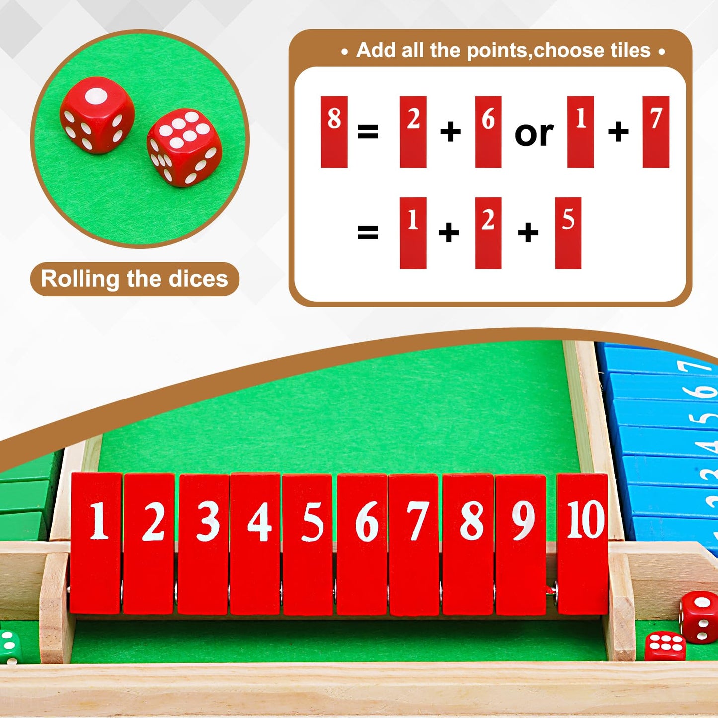 Cretvis 1-4 Players 12In Large Shut The Box Dice Game, 10 Numbers Traditional Wooden Pub Bar Board Family Table Mat Game Dice Fo