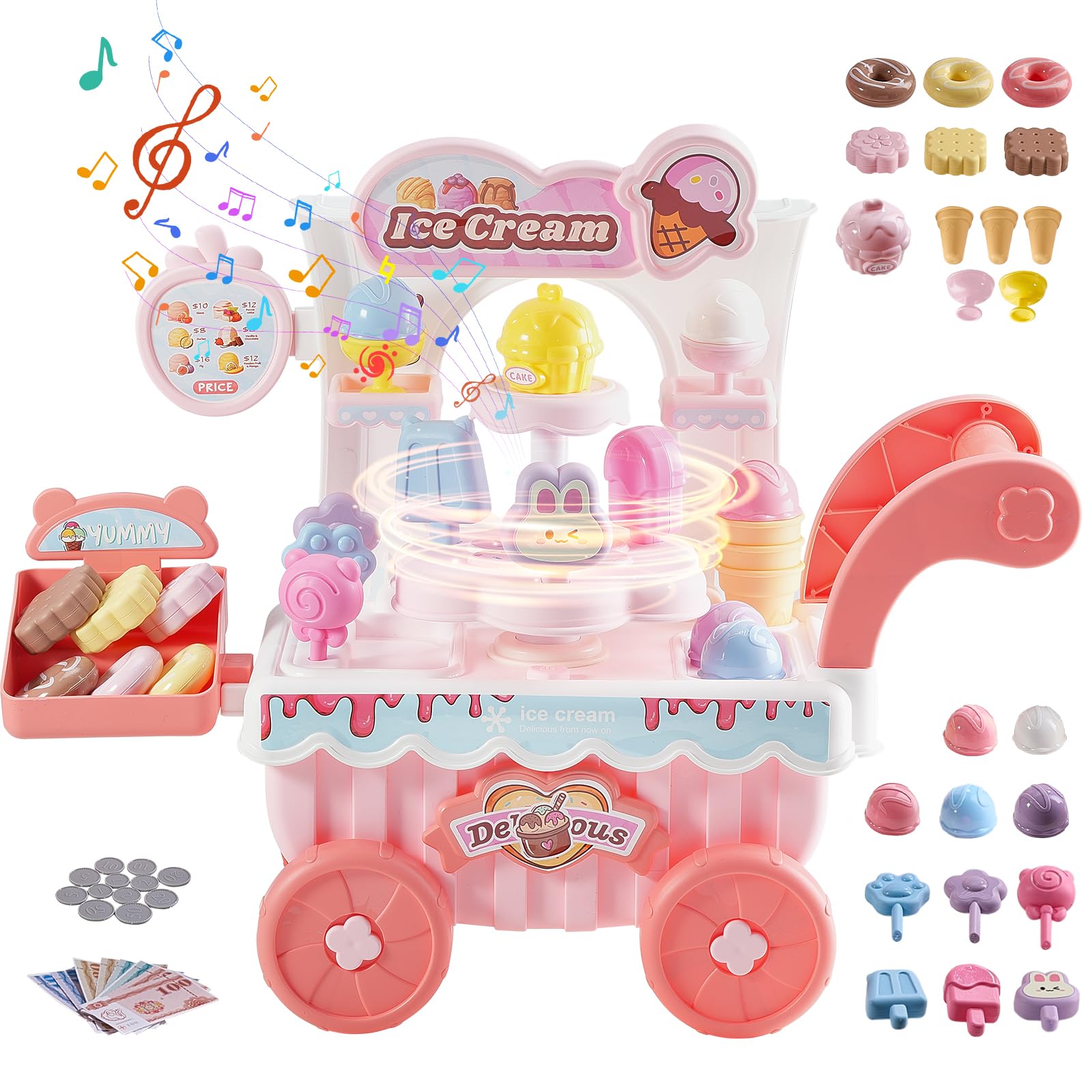 VEVOR Ice Cream Cart for Kids, 27 PCS Accessories, Pretend Play Store with Storage Trolley, Sound & Light Effects, Montessori Ed