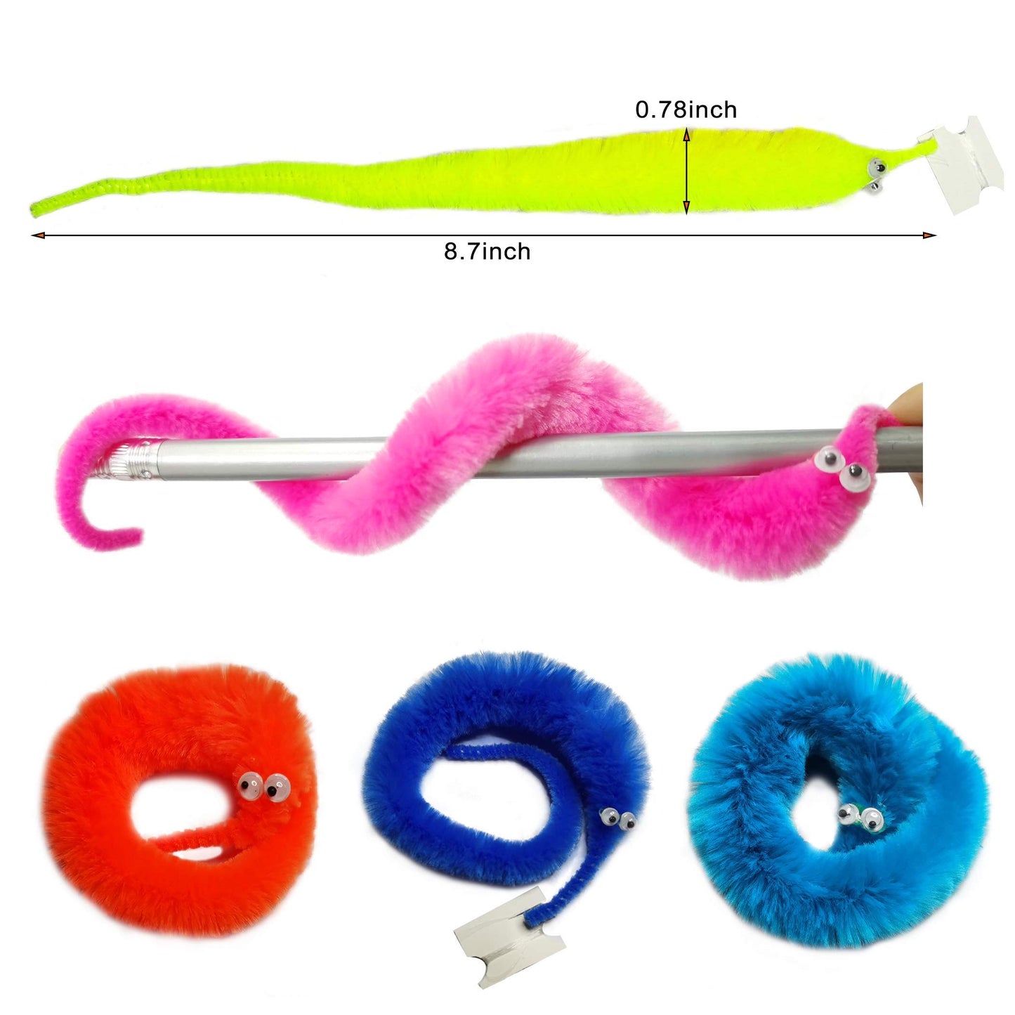 SHENGSEN Fuzzy Worm Toys - 120 Pieces String Trick Toy for Kids & Cats, 12 Colors, Polyester, Model AM108-120-B-12