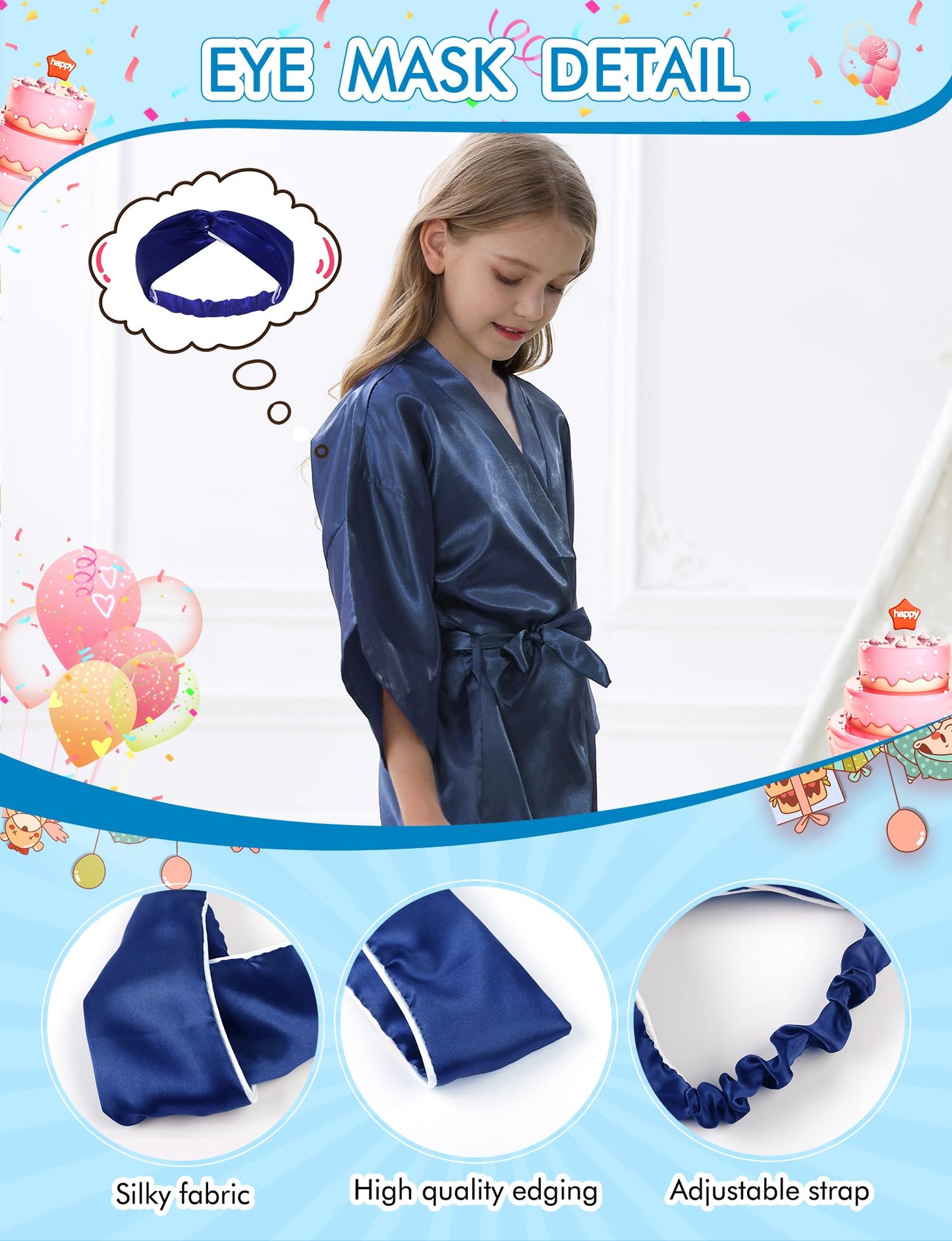 Kid Girls Spa Costume Party Set with Eyemask Hairband Hair Ring  Silky Plain Kimono Robes for Wedding Flower Robe (Navy  Tag 12)