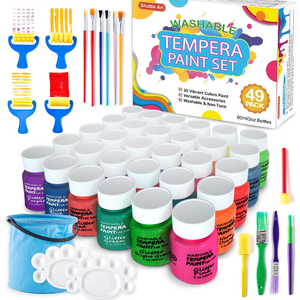 Tempera Paint, Shuttle Art 30 Colors Washable Paint for Kids, 2oz/60ml Bottle, Non-toxic Finger Paints for Toddlers with Glitter