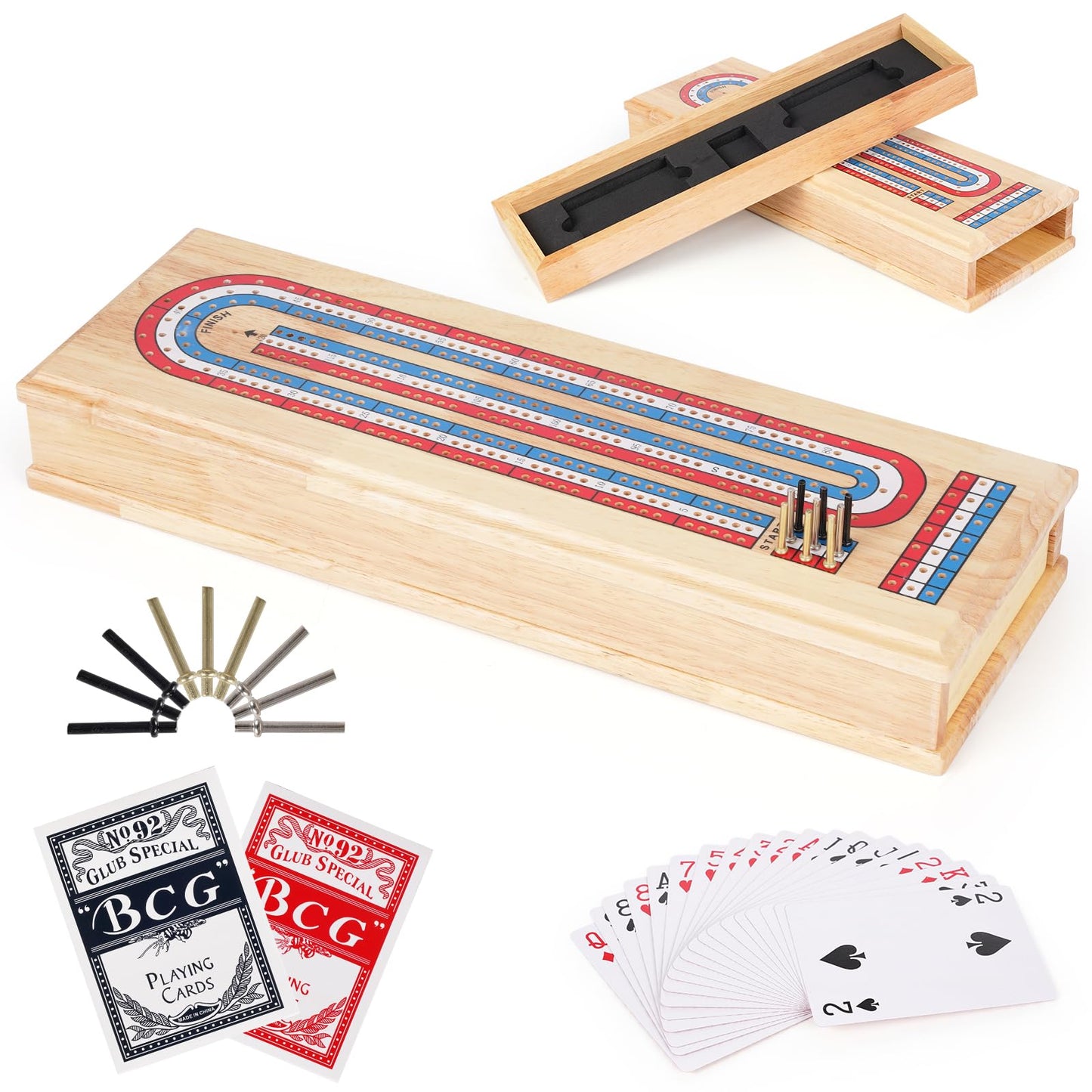 Wooden Cribbage Board Game Set  enhanced Wooden Board with with Storage Drawer and Metal Pegs  Strategy Card Game Cribbage - Travel Portable Cribbage Game Sets for Family