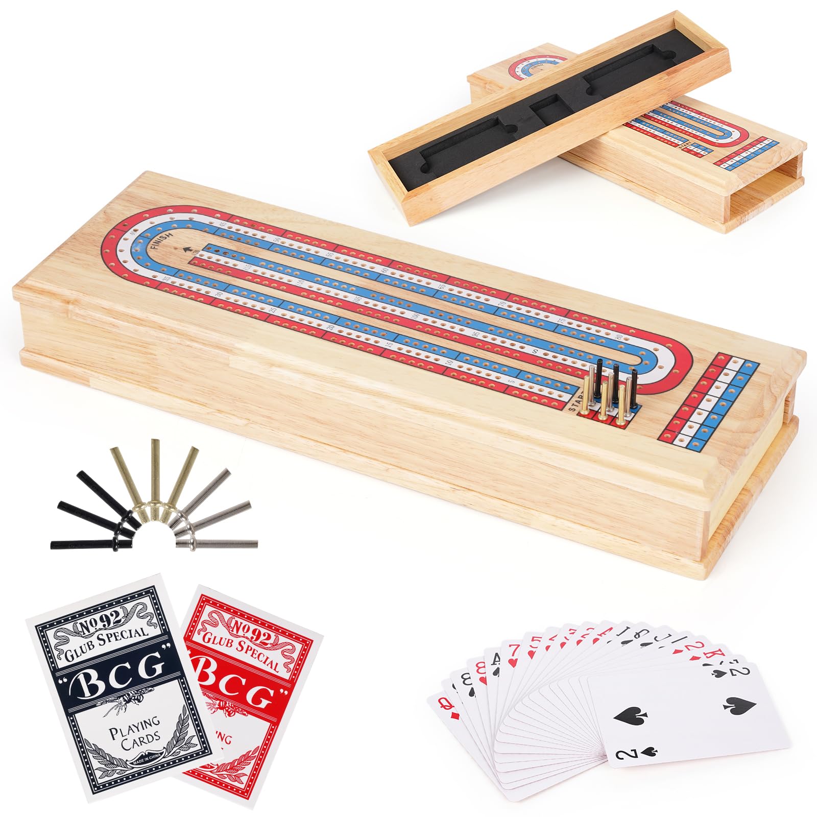 Wooden Cribbage Board Game Set  enhanced Wooden Board with with Storage Drawer and Metal Pegs  Strategy Card Game Cribbage - Travel Portable Cribbage Game Sets for Family