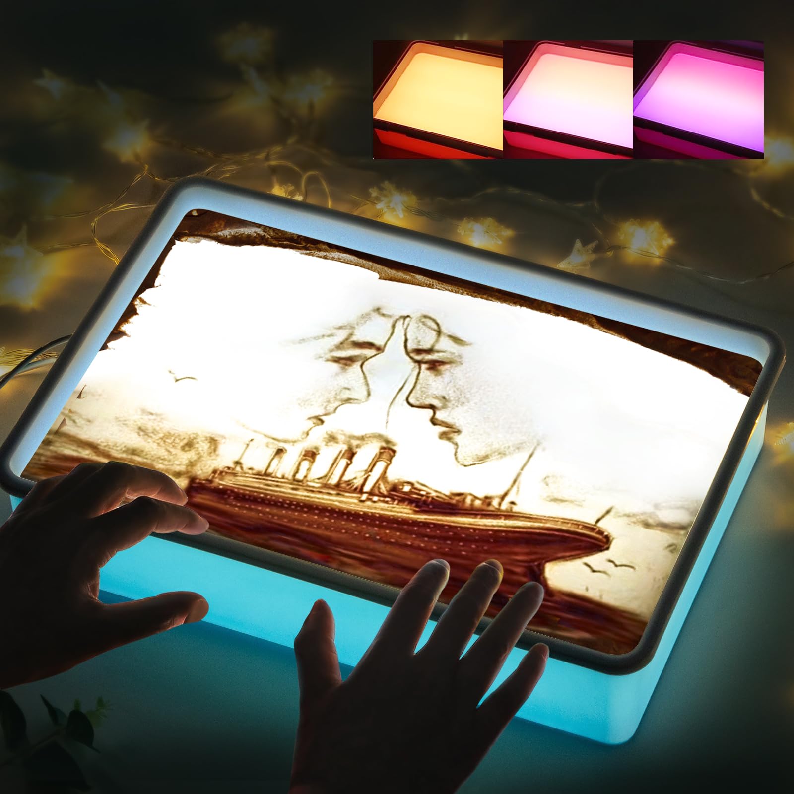 PreTrans Sand Painting Light Box - Kids Light Table for Creative Art, 3 Color Temperatures & 10 Brightness Levels, Classroom & H