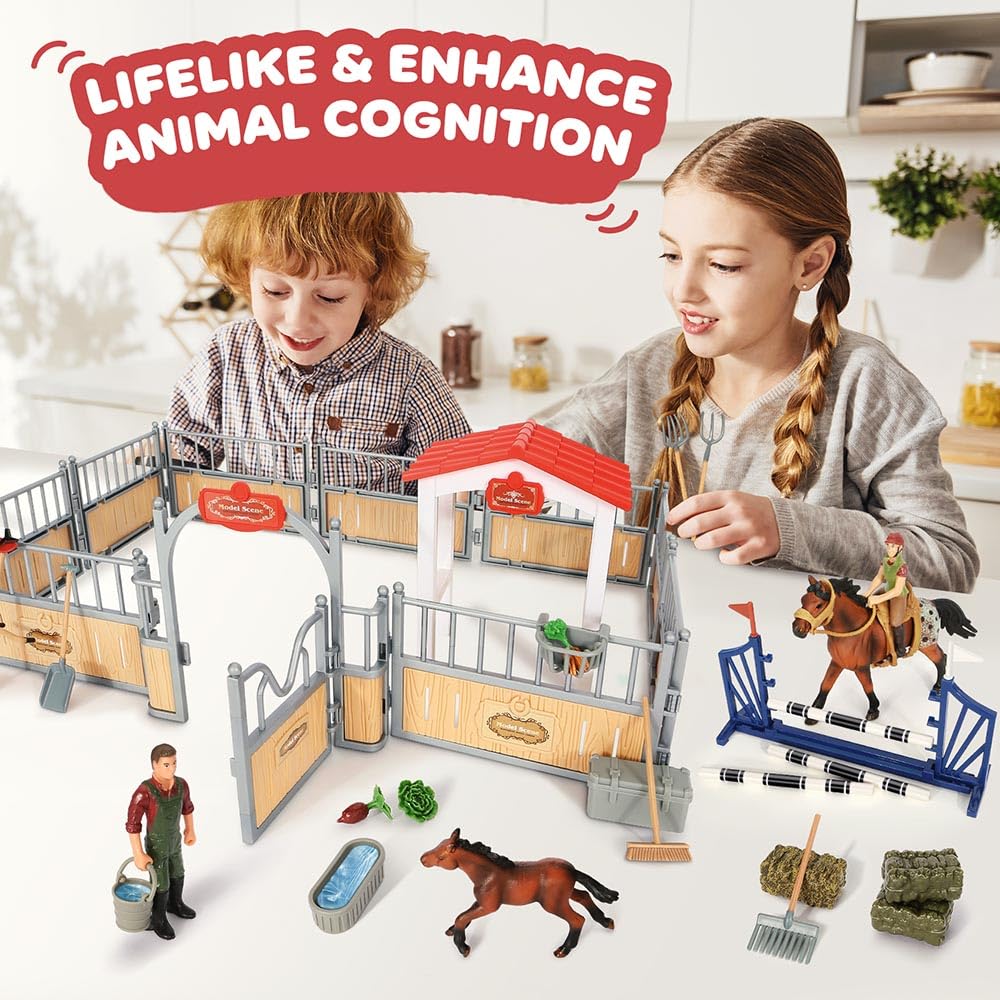 Kidbest Horse Stable Playset, Horse Toys Set For Girls And Boys With Rider, Farm Animal Figurines Barn Toys, Pretend Play Toys For Kids 3-5 6 7 8-10 Birthday Gifts