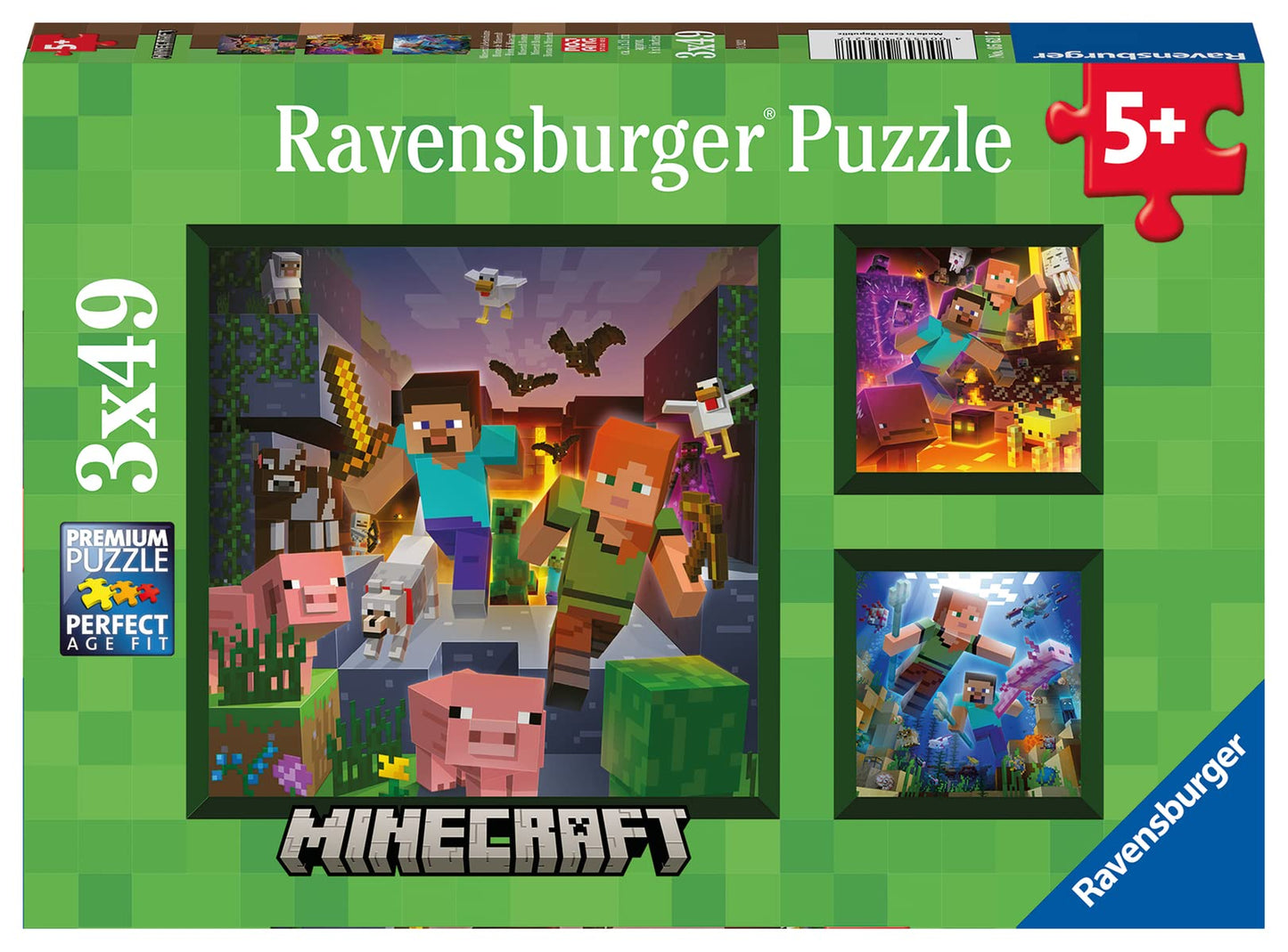 Ravensburger - Minecraft Biomes - 49 Piece Jigsaw Puzzle 3-Pack Set - Pixelated Forests  Oceans & More - Bright  Stunning Imagery - enhanced Quality - Ideal Gift - Screen-Free Fun - Children Age 5+