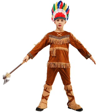 Pgond Boys Indian Native Halloween Cosplay Costume With Colorful Teather Hat (7-9)