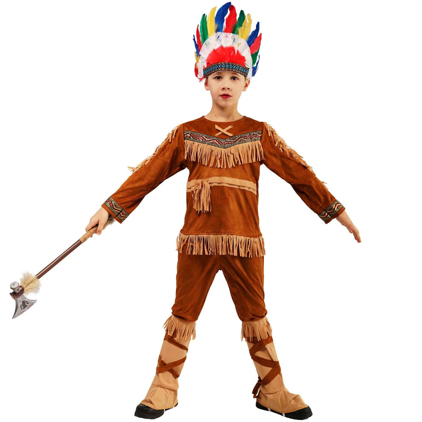 Pgond Boys Indian Halloween Cosplay Costume With Colorful Feather Hat (14-16Y)