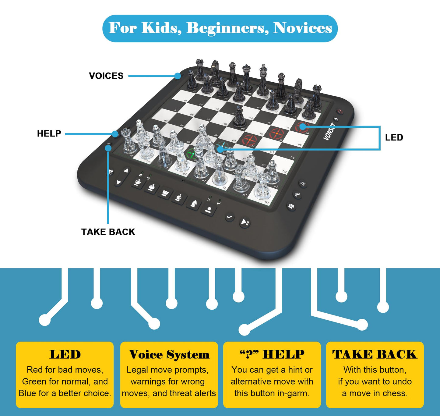 Vonset P6 Electronic Chess Computer - Smart Chess Board with LED for Kids & Adults, Talking Magnetic Chess Set