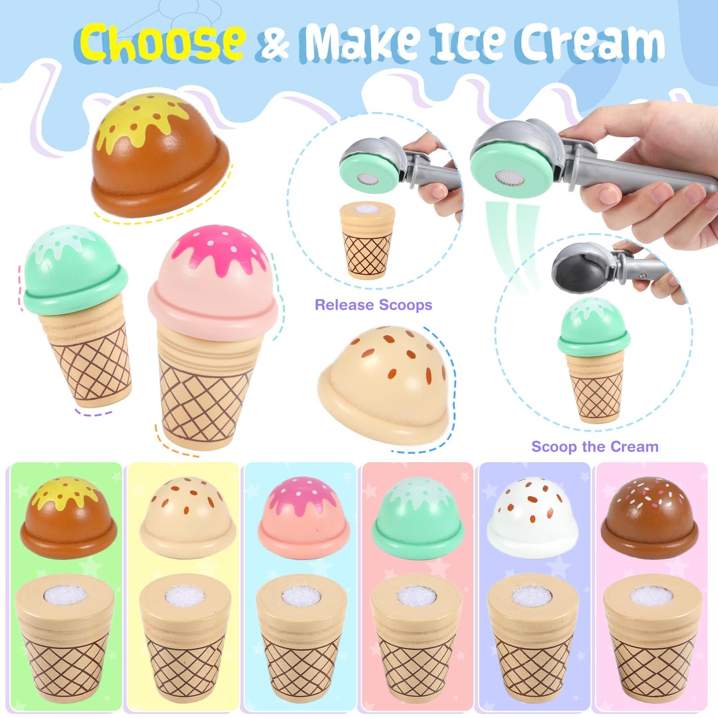 Loscola Ice Cream Toy, Wooden Ice Cream Toys for Kids Toddlers, Pretend Play Kitchen Food Toys, Ice Cream Counter Shop Playset f