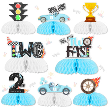 JOYMEMO 8 Pieces Two Fast Honeycomb Centerpieces - Race Car 2nd Birthday Party Decorations for Boys, Lets Go Racing Checkered F