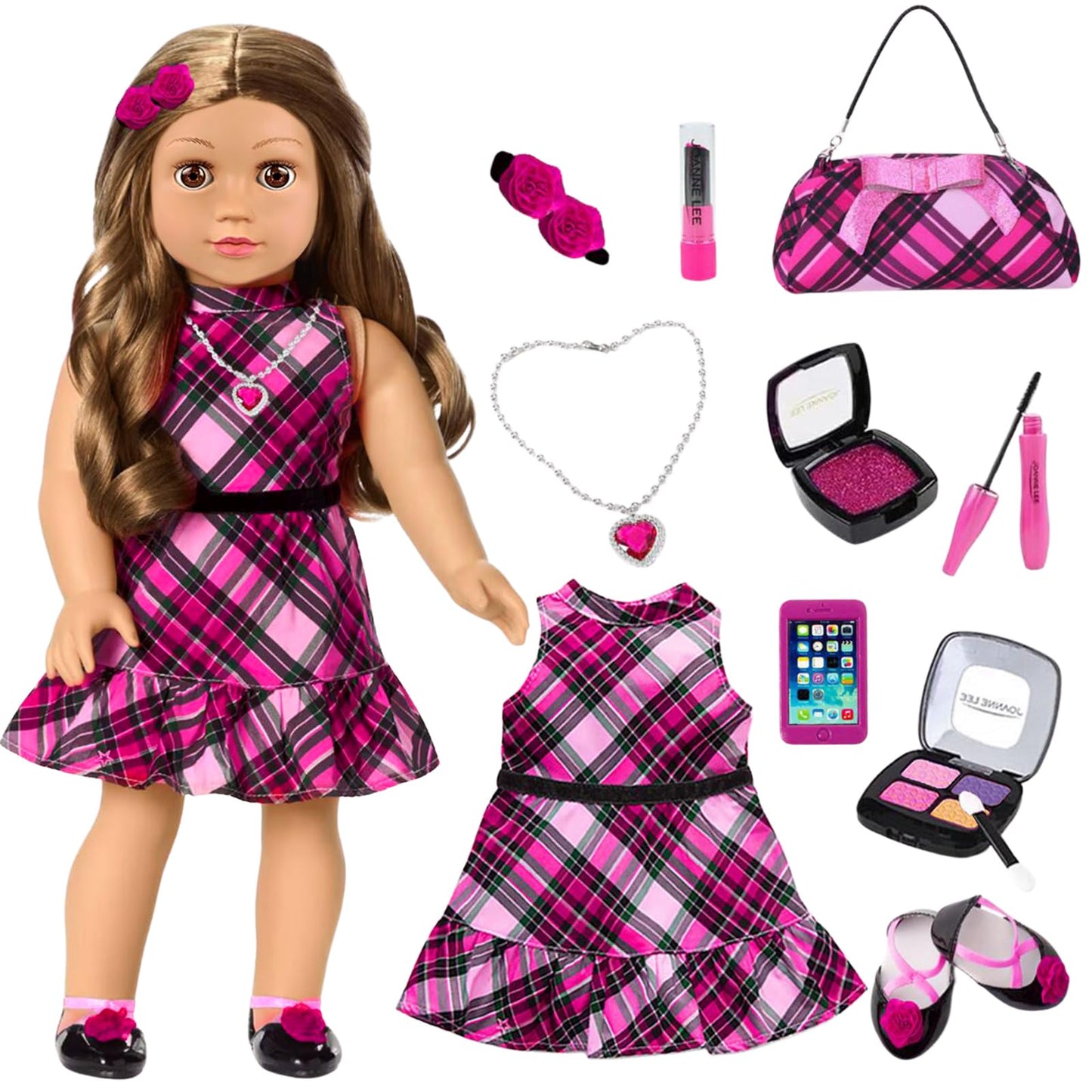 American 18 Inch Dolls Makeup Accessories and Clothes Fashion Dress Tote Bag for 18 Doll Include Outfits Shoes Cosmetic Toys Stuff Gift for Baby Girl (No Doll)