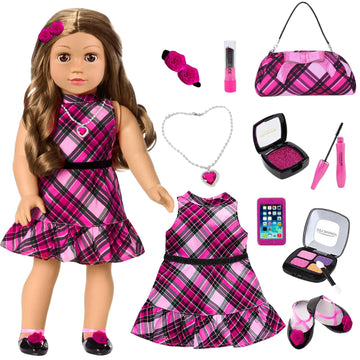 American 18 Inch Dolls Makeup Accessories and Clothes Fashion Dress Tote Bag for 18 Doll Include Outfits Shoes Cosmetic Toys Stuff Gift for Baby Girl (No Doll)