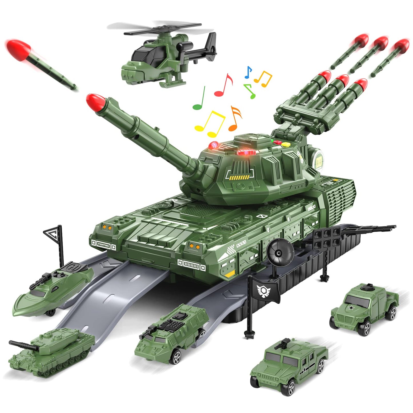 Tank Toys for 3 4 5 6 7 8 Year Old Boys - Army Toys Tank with 6PCS Alloy Die-Cast Army Vehicles, Kids Military Tank with Light,