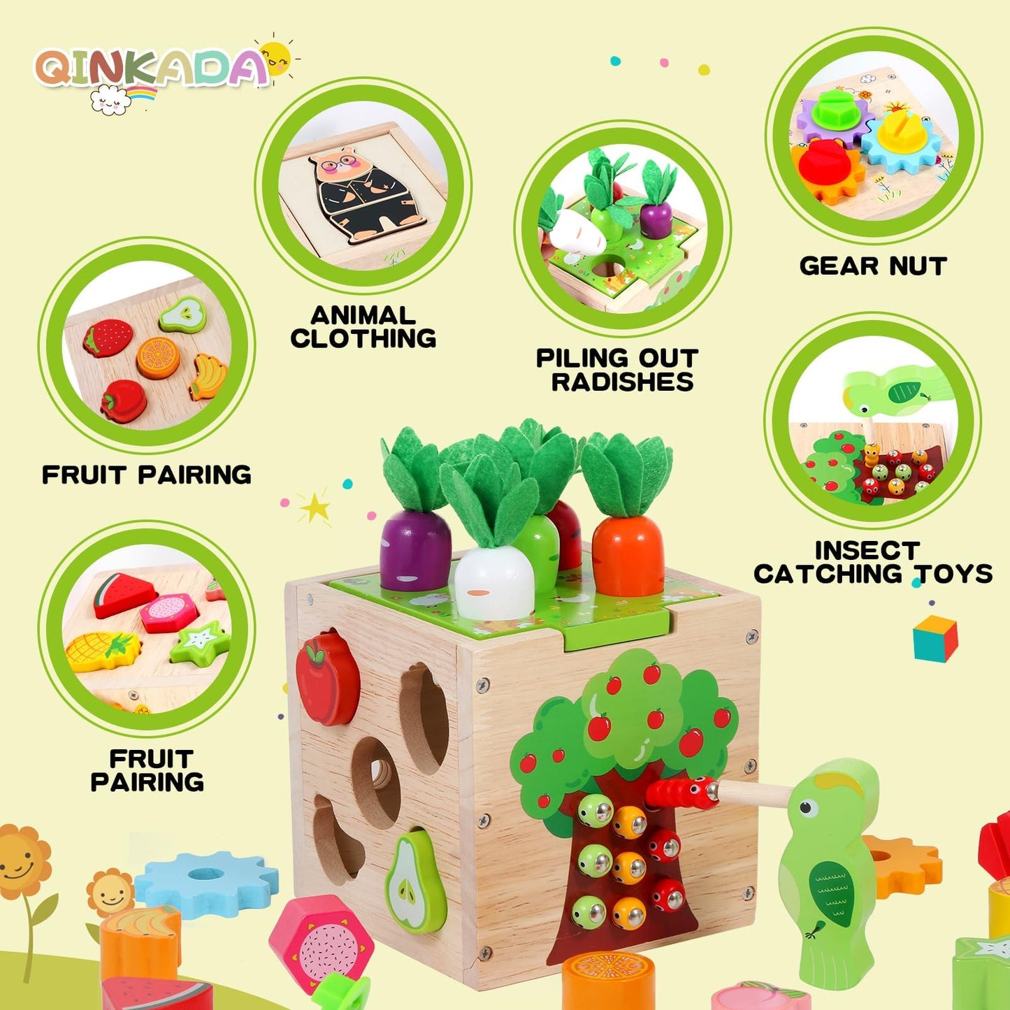 Qinkada Wooden Garden Toy, Toddler Montessori Toys for Baby Boys Girls, Wood Preschool Learning Fine Motor Skills Game, Educatio