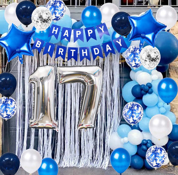 17Th Birthday Party Decorations Blue For Boys, Happy Birthday Banner Blue Number 17 Birthday Star Foil Balloons Latex Confetti B