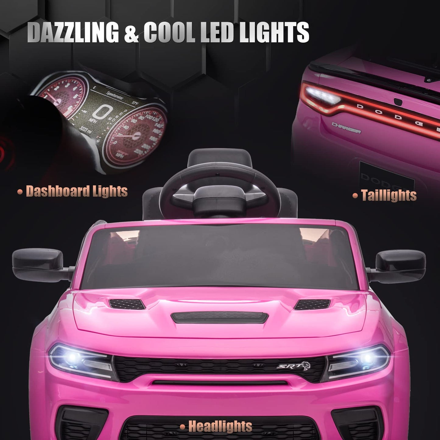 Enyopro 12V 7Ah Kids Electric Ride On Car, Licensed Dodge Charger Srt Hellcat, Battery Powered 4-Wheels Toy Car Electric Vehicle For Kids With Remote Control, 3 Speeds, Led Lights, Music (Pink)