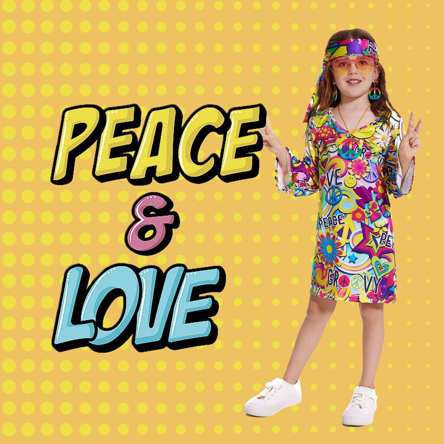 MRYUWB 70s Hippie Dress for Girls, 1970s Outfits Peace Sign Necklace Headband, 60s Themed Party Costumes for Kids 5-14 Years (Pe