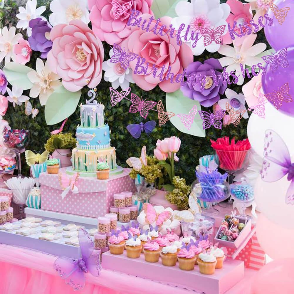Butterfly Kisses Birthday Wishes Party Decor Purple Glitter Butterfly Kisses Birthday Wishes Banner for Butterfly Themed Baby Sh