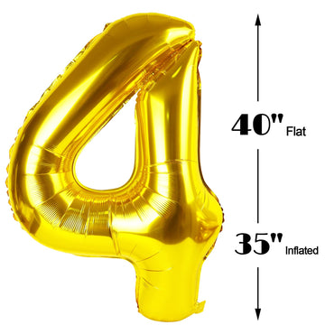 40 Inch Gold Large Number 4 Birthday Balloon, Giant Number Four 14 24 34 40 44 2024 Balloons, Foil Mylar Big Balloons For Annive