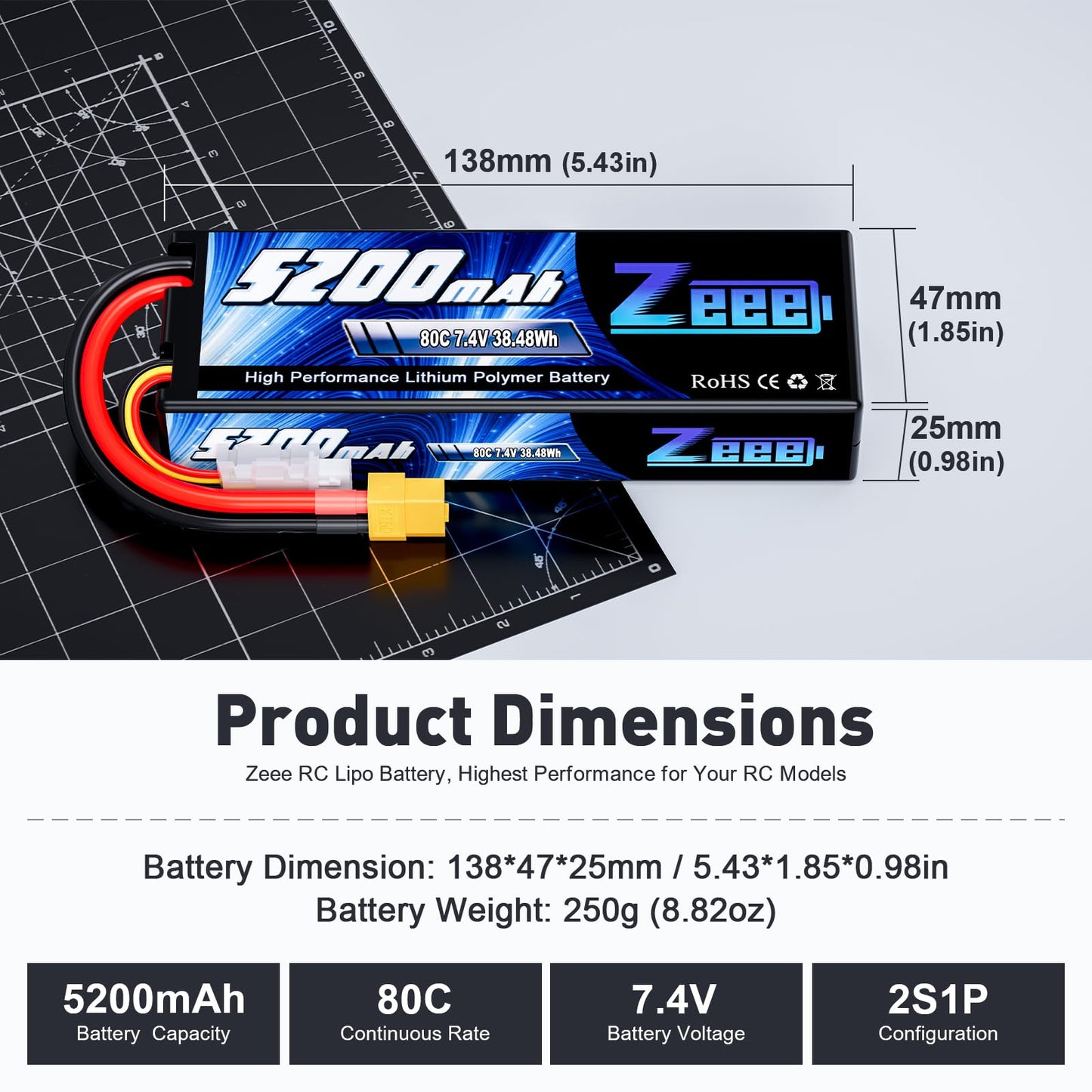 Zeee 2S 5200mAh Lipo Battery 7.4V 80C Battery with XT60 Plug Hard Case for 1/8 1/10 RC Vehicles Car Slash RC Buggy Truggy RC Air