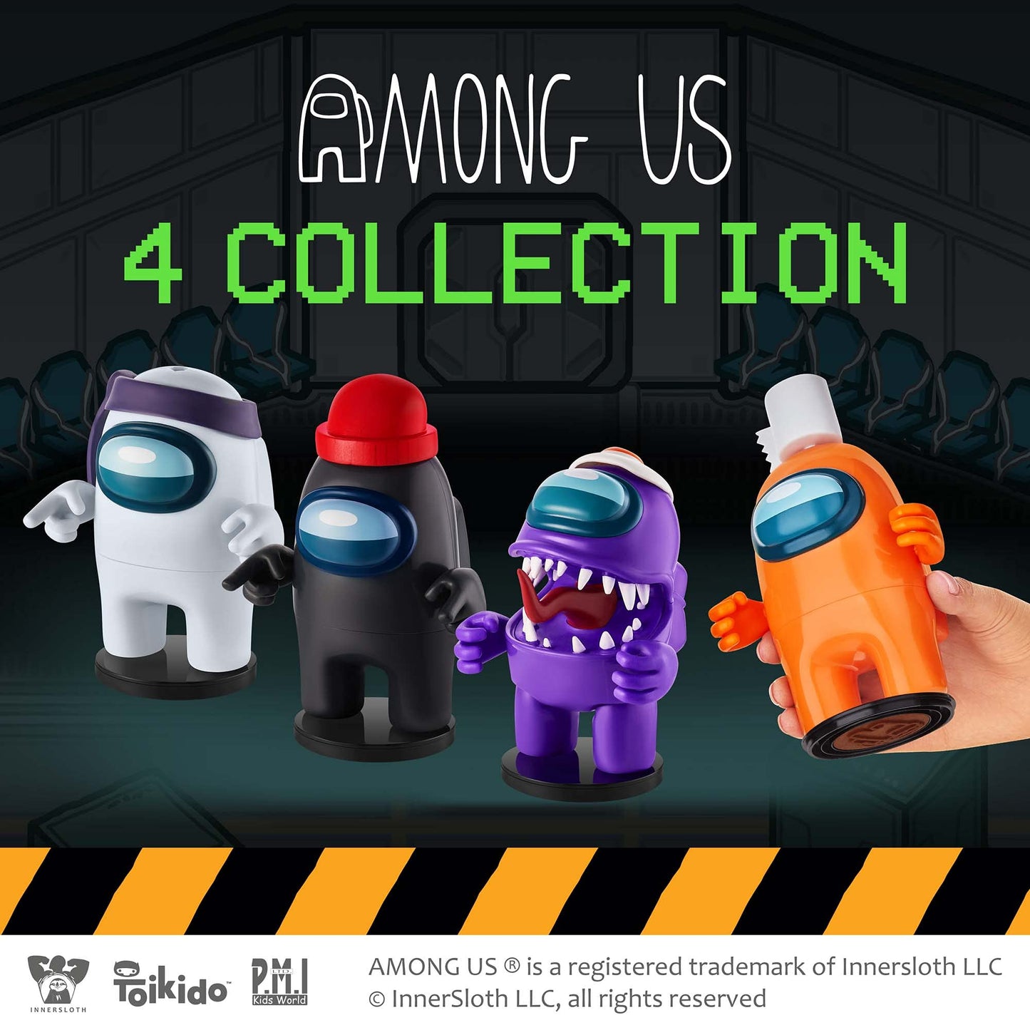 Four Among Us Crewmate Figures With Stampers | 4.5-Inch-Tall Among Us Toys + 10 Hats & Accessories| Among Us Party Favors And Playable Collectibles | Includes The Impostor With Mouth Open | By P.M.I.