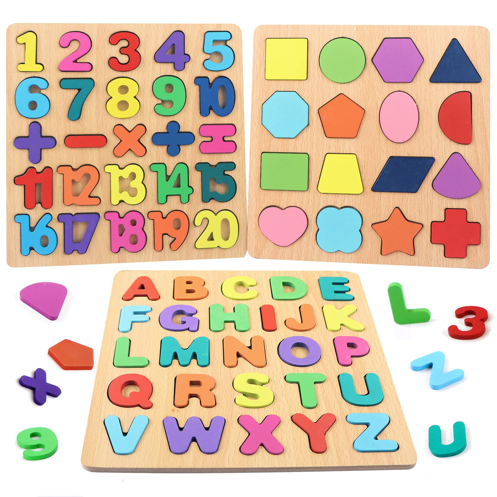 Genericbrands Wooden Alphabet Number Shape Puzzles, 3 In 1, 71 Pieces, 3 Sets, 26 Years Old, Beginner, Knob And Pegged, Rustic