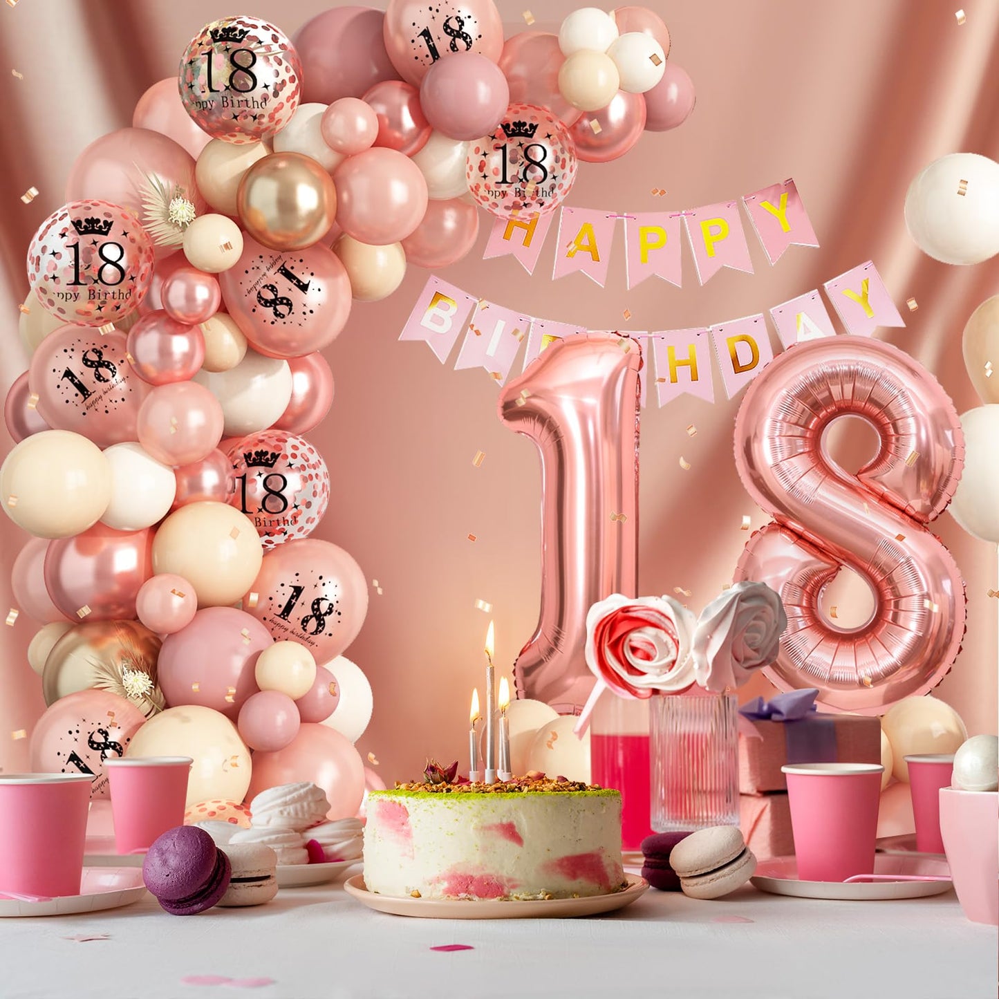 18Th Birthday Decorations For Girls,Rose Gold 18Th Birthday Balloon Arch Garland Kit With Happy 18Th Birthday Number 18 Foil Bal