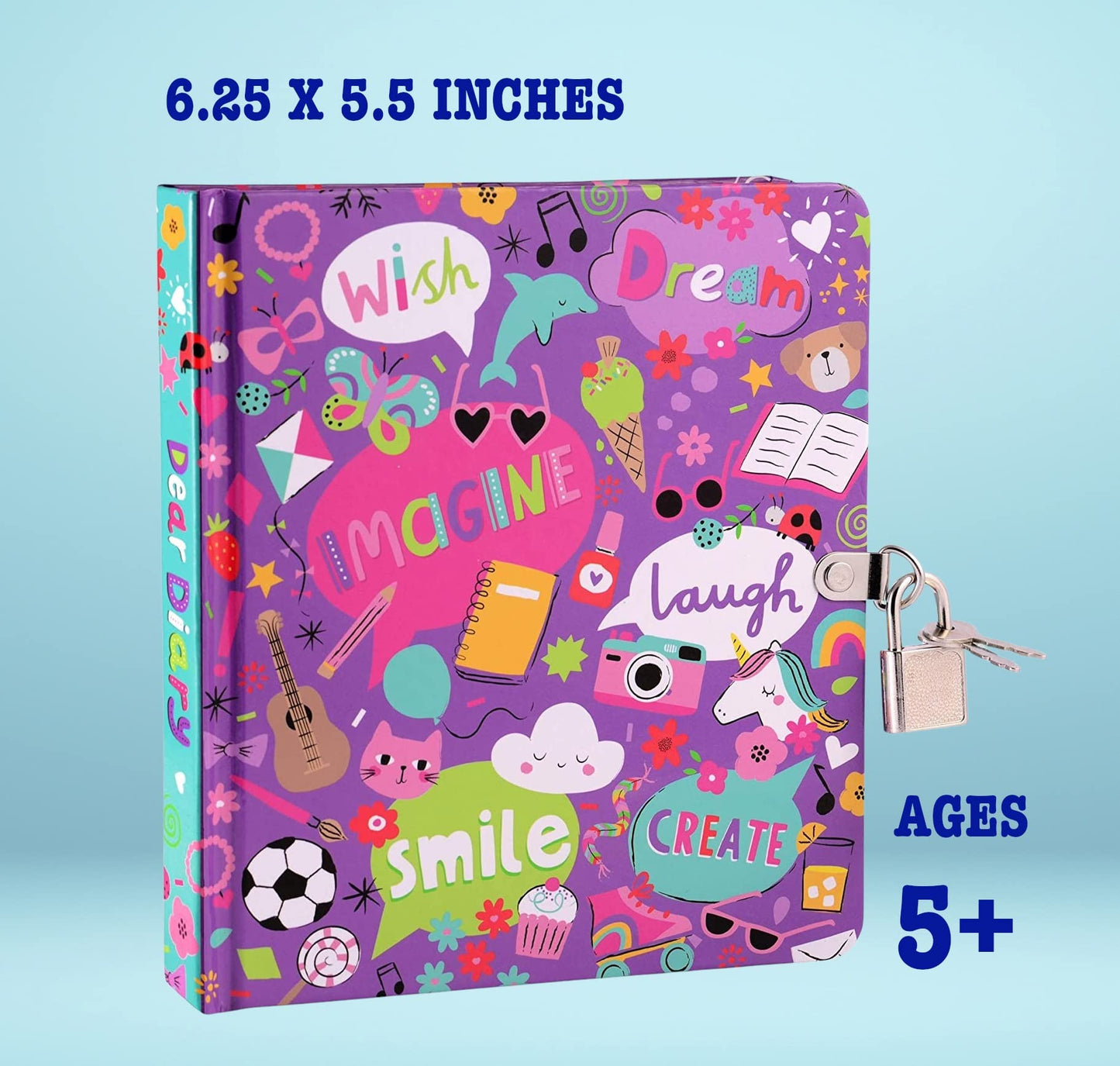 Mollybee Kids My Favorite Things Lock And Key Diary Notebook For Girls, 5.5 X 6.25 Inches, 208 Lined Pages, Padlock With 2 Keys, Purple