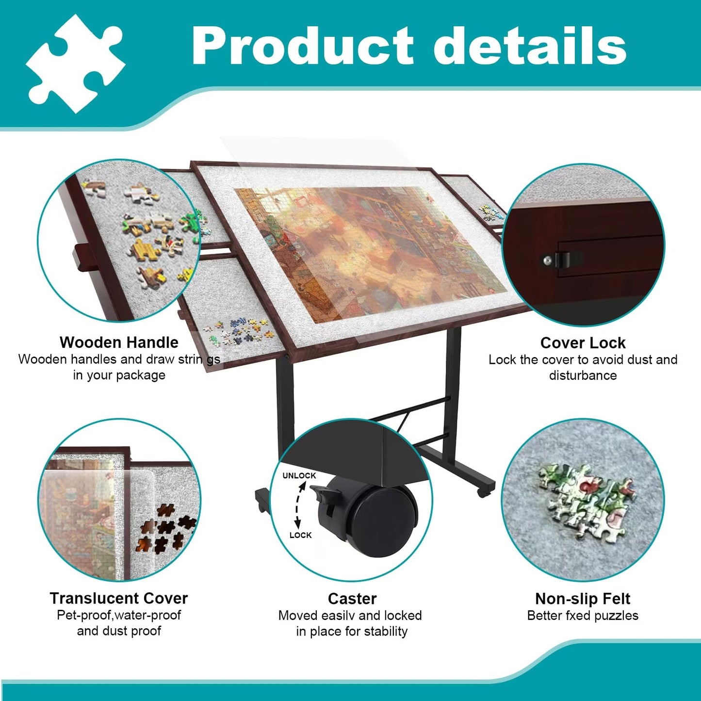 RAGOZONERY Jigsaw Puzzle Table, Adjustable Height, 1500 Pieces, Wood, 34x26in, Coffee Color, with Cover and 4 Drawers