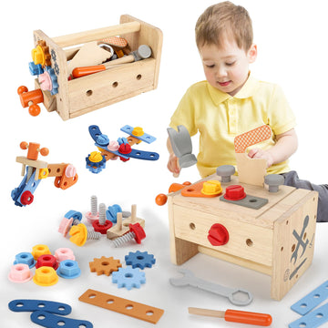 Vextronic Kids Tool Set, 38 PCS Wooden Montessori Toy Tools for Toddlers 1 2 3 4 5 6 with Tool Bench/Box, Play Toddler Tool Set,