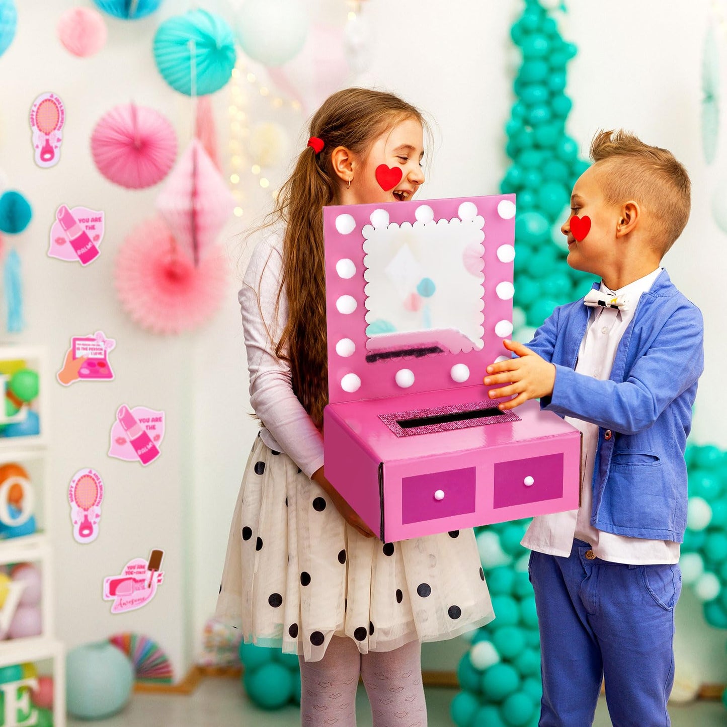 Hollowfly Valentine Boxes DIY Mailbox for Kids with 32 Greeting Cards Valentines Day Table Box Kids Gift for Party Favor Sets f