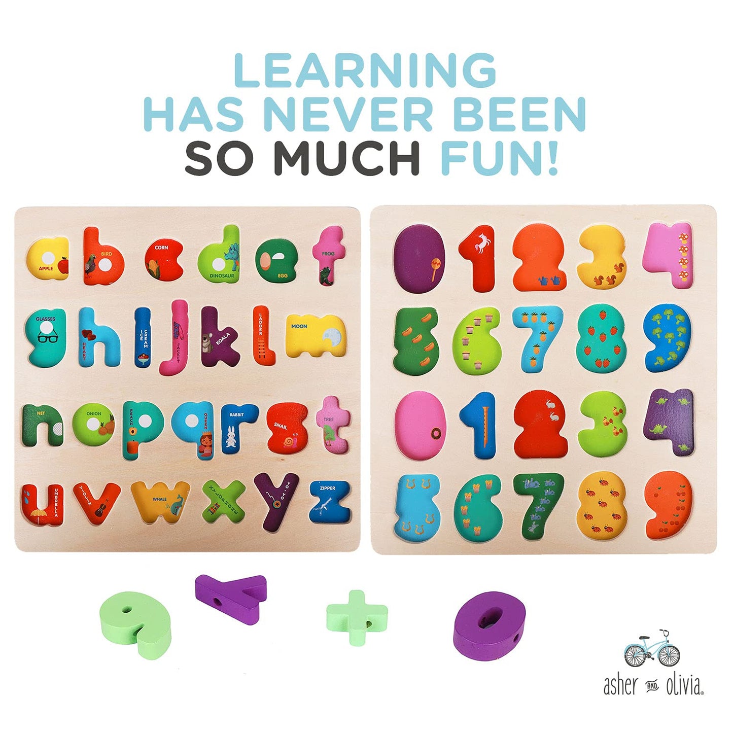 Wooden Alphabet Puzzle & Number Puzzle And Flash Cards Set - Includes Box, Lacing Beads And Threads