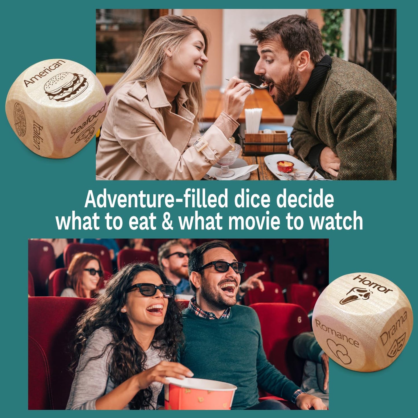 JCHCAMRY 2 Pcs Engraved Wooden Date Night Food Movie Decision Dice Decider,Valentines Day Date Night Gifts for Husband Wife Boyf