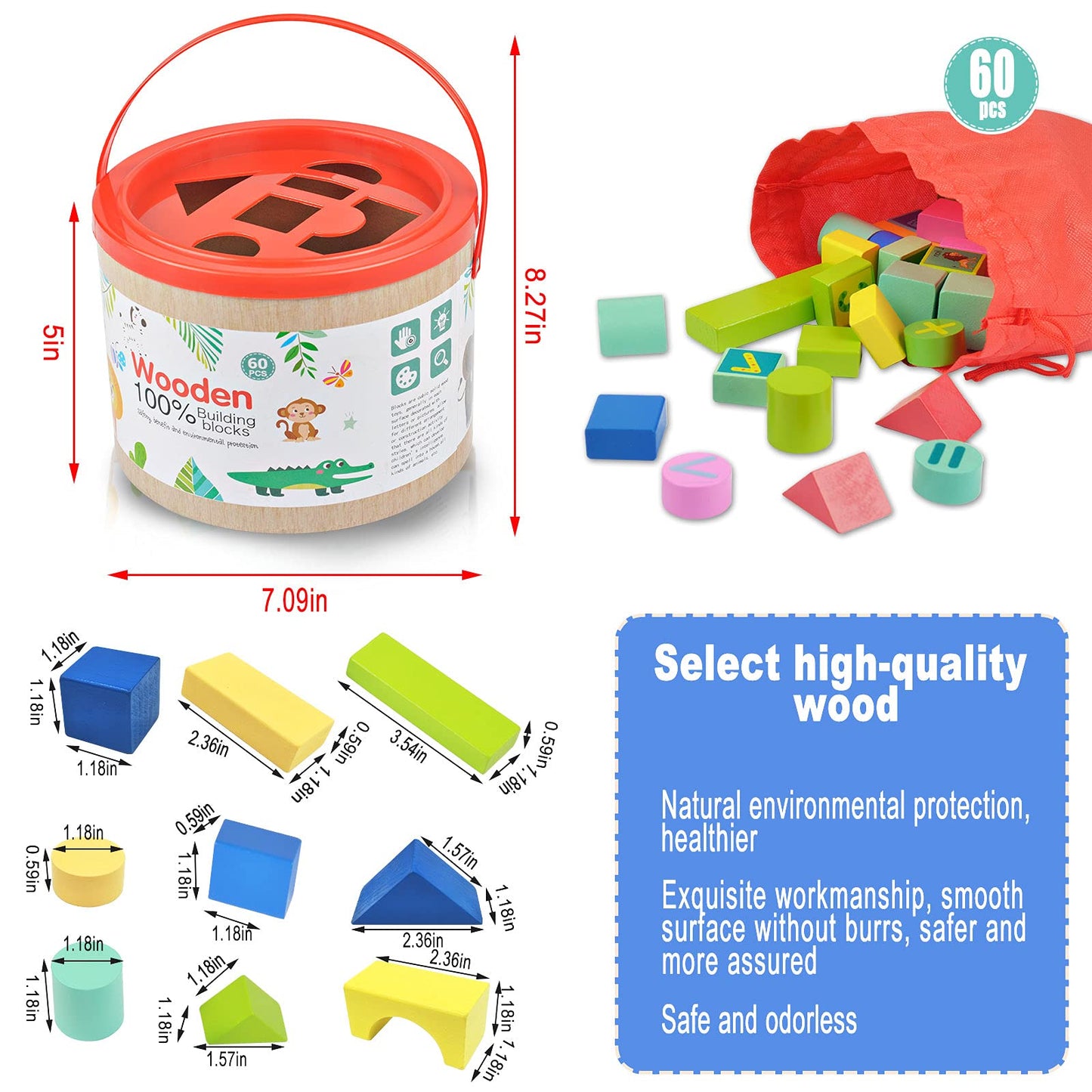Auryee Wooden Building Blocks Toys 60 Pcs Toddler Stacking Toys Pre-School Learning Educational Toy For Kids | Baby | Boys | Girls Age 3 4 5 6 7 8 Year Old