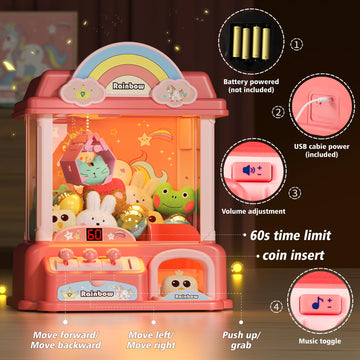 DOLIVE Pink Claw Machine for Kids, Unicorn Arcade Game with Music, Mini Vending Machine for Ages 4-10, 10.8 x 9.44 x 12.59