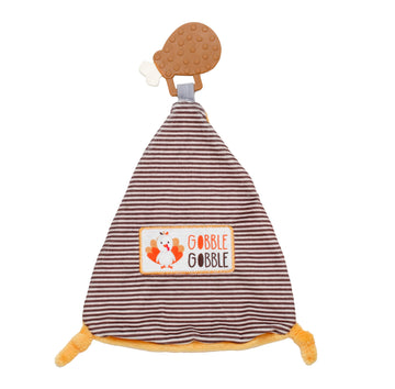 Thanksgiving 13 Inch Teething Blanket, Silicone Turkey Leg Teether With Soft Security Blanket For Baby (Brown Stripe, Gobble, Gobble)