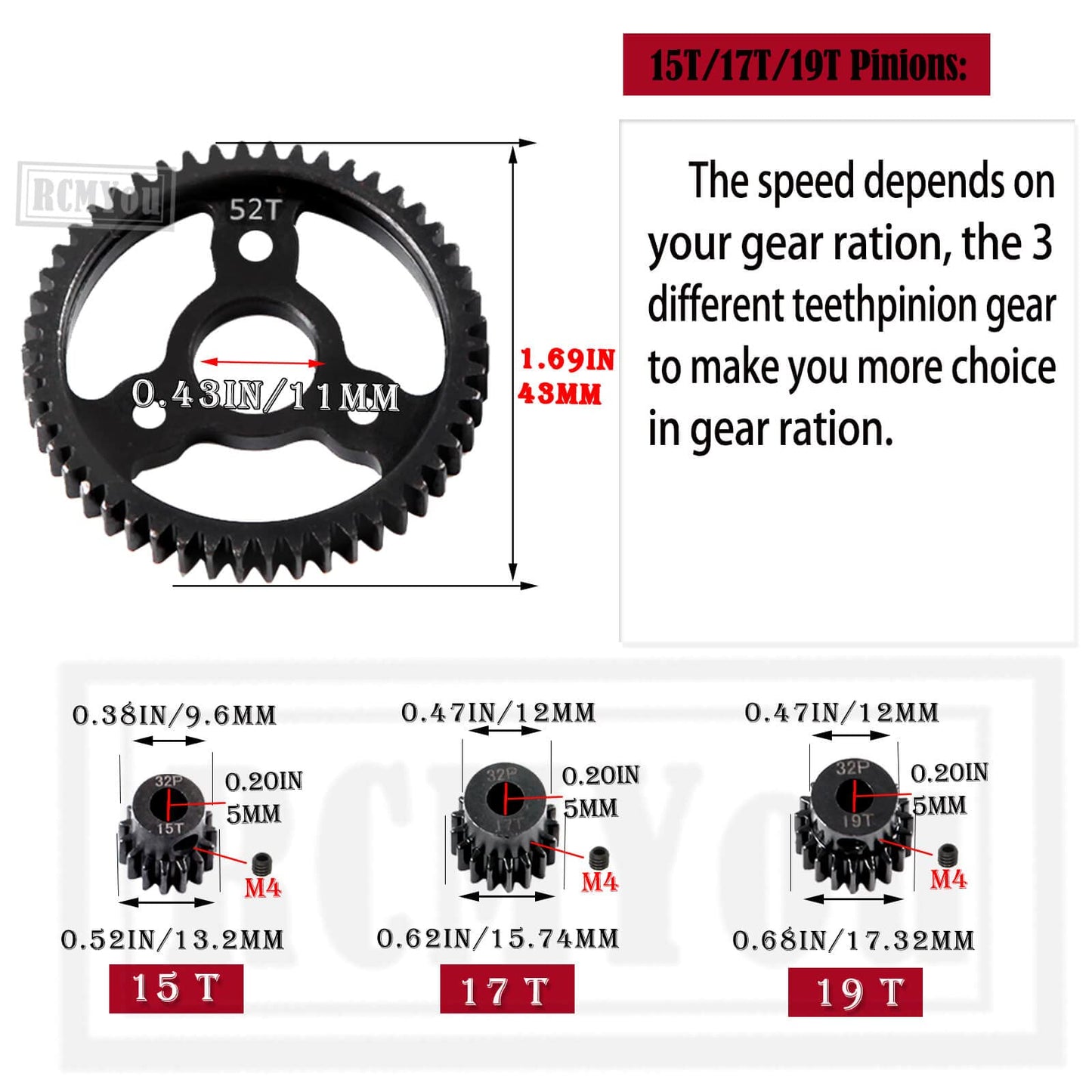 RCMYou 52T Spur Gear 0.8h(32-Pitch)#45 Steel Transmission Gears Spur Gear with 15T/17T/19T Metal Pinions Gear Upgrades Part for