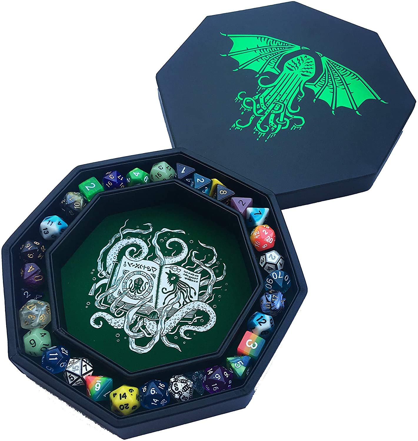 Fantasydice-Cthulhu Tome-Green - Dice Tray - 8'' Octagon with Lid and Dice Staging Area- Holds 5 Sets(7 Dice Set/Standard) for A